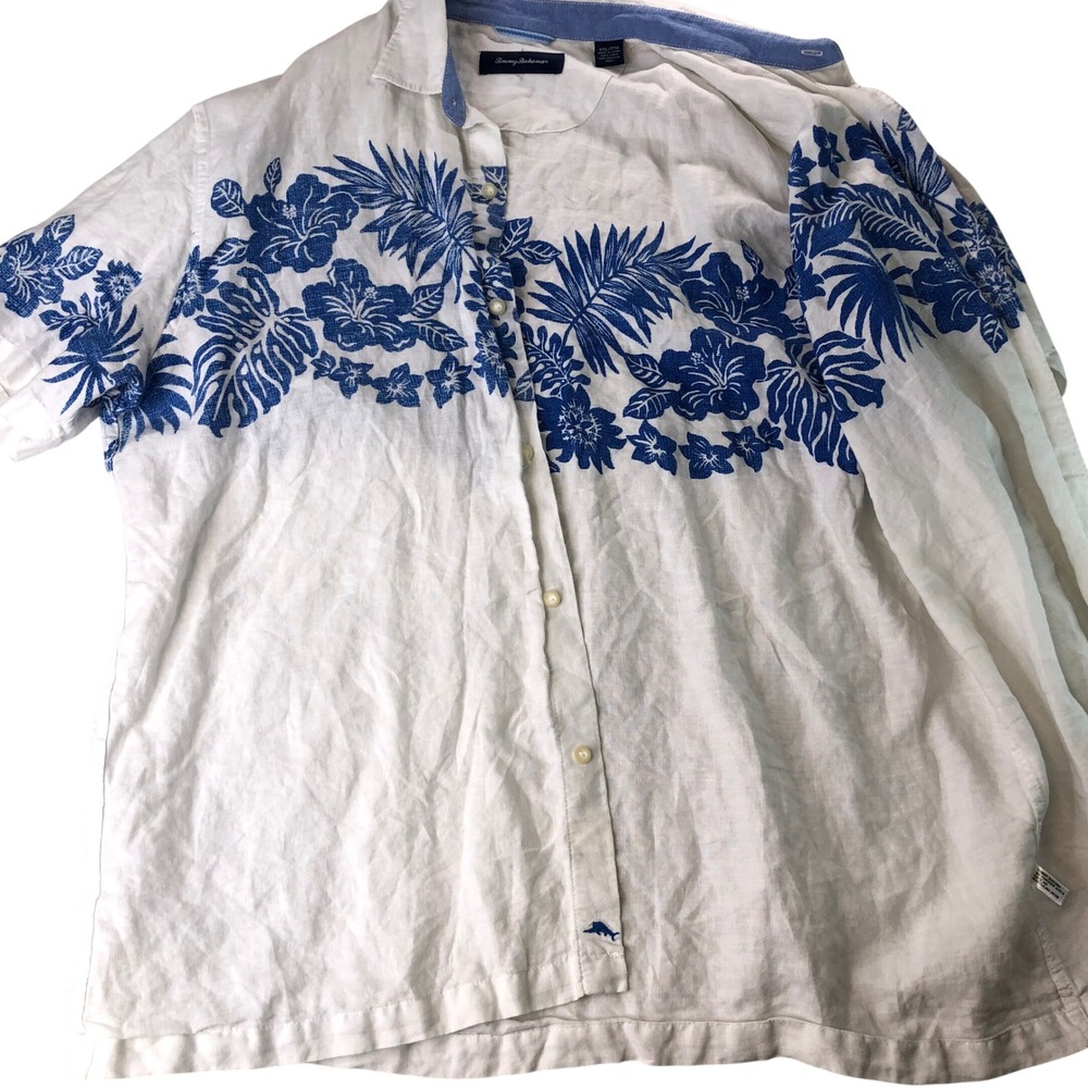 Tommy Bahama Reverse Print Linen Men XXL Button Shirt White Blue Floral Hawaiian - Picture 4 of 16